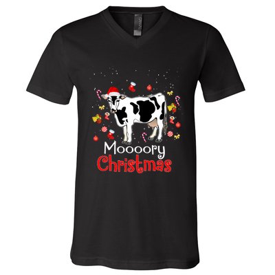 Moooory Christmas Cow Christmas Funny Santa Cow Xmas V-Neck T-Shirt