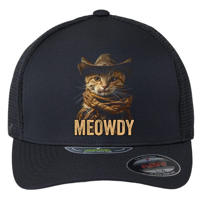 Meowdy Cowboy Cat Country Western Funny Cat Flexfit Unipanel Trucker Cap