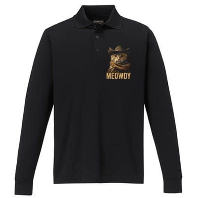 Meowdy Cowboy Cat Country Western Funny Cat Performance Long Sleeve Polo