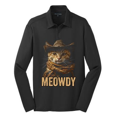 Meowdy Cowboy Cat Country Western Funny Cat Silk Touch Performance Long Sleeve Polo