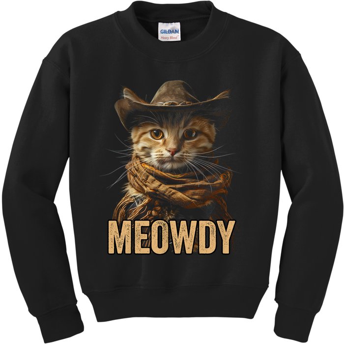 Meowdy Cowboy Cat Country Western Funny Cat Kids Sweatshirt