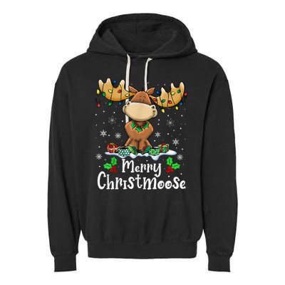 Merry Christmoose Christmas Moose Xmas Lights Garment-Dyed Fleece Hoodie