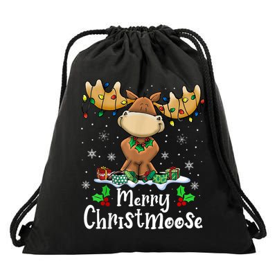 Merry Christmoose Christmas Moose Xmas Lights Drawstring Bag