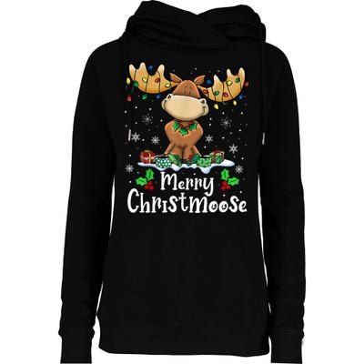 Merry Christmoose Christmas Moose Xmas Lights Womens Funnel Neck Pullover Hood