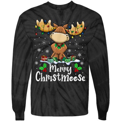 Merry Christmoose Christmas Moose Xmas Lights Tie-Dye Long Sleeve Shirt