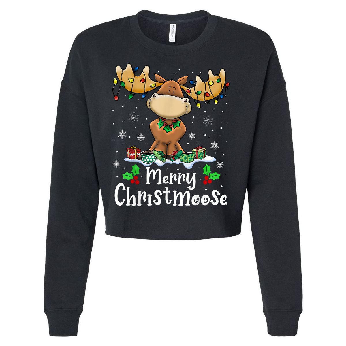 Merry Christmoose Christmas Moose Xmas Lights Cropped Pullover Crew
