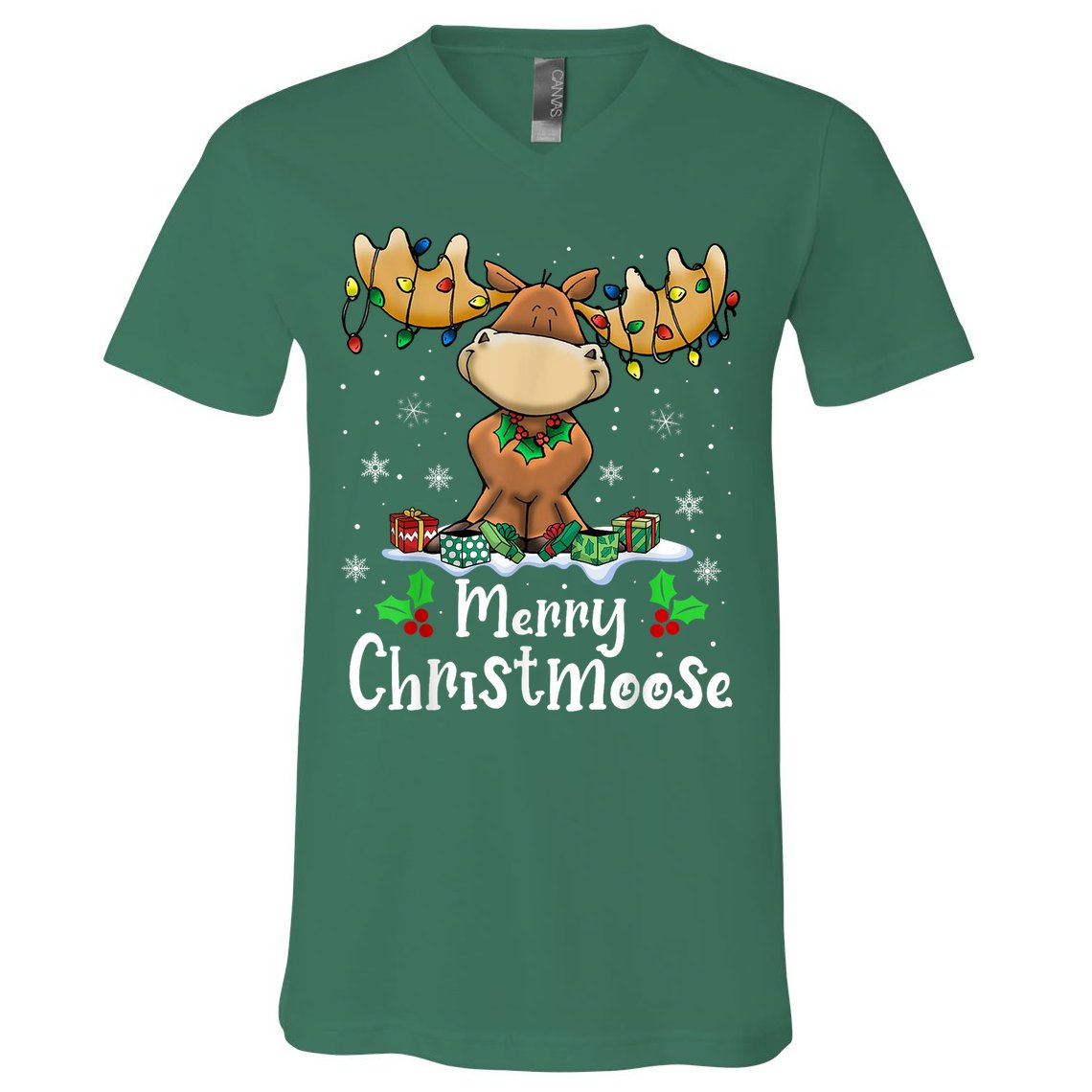 Merry Christmoose Christmas Moose Xmas Lights V-Neck T-Shirt