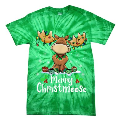 Merry Christmoose Christmas Moose Xmas Lights Tie-Dye T-Shirt