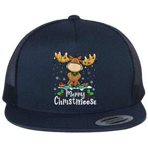 Merry Christmoose Christmas Moose Xmas Lights Flat Bill Trucker Hat