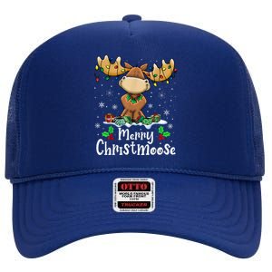 Merry Christmoose Christmas Moose Xmas Lights High Crown Mesh Back Trucker Hat