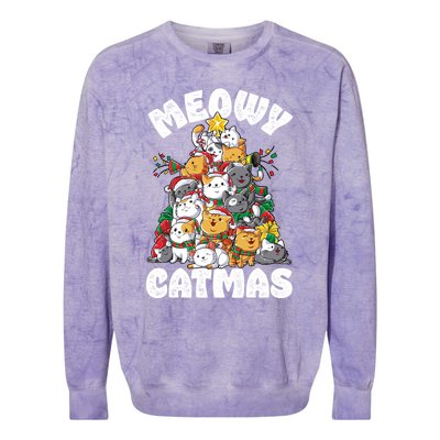 Meowy Catmas Cat Christmas Tree Xmas Girls Boys Funny Santa Gift Colorblast Crewneck Sweatshirt