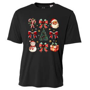 Merry Christmas Coquette Bows Girl Women Santa Claus Snowman Cooling Performance Crew T-Shirt