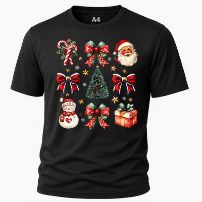 Merry Christmas Coquette Bows Girl Women Santa Claus Snowman Cooling Performance Crew T-Shirt