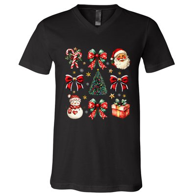 Merry Christmas Coquette Bows Girl Women Santa Claus Snowman V-Neck T-Shirt