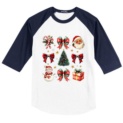 Merry Christmas Coquette Bows Girl Women Santa Claus Snowman Baseball Sleeve Shirt