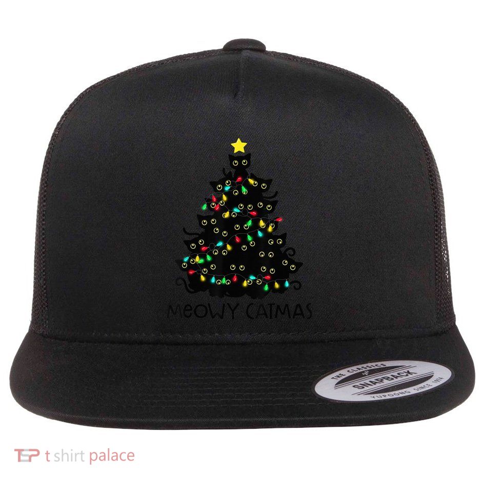 Merry Catmas Cat Christmas Tree Kid Girls Boy Meowy Catmas Flatbill Hat