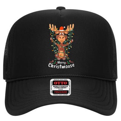 Merry Christmoose Christmas Moose Xmas Tree Lights Gifts  High Crown Mesh Back Trucker Hat