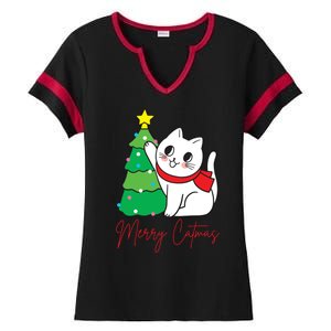 Merry Catmas Cute Christmas Cat Lover Ladies Halftime Notch Neck Tee