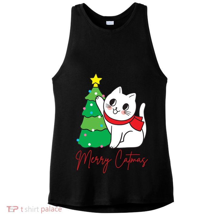 Merry Catmas Cute Christmas Cat Lover Ladies PosiCharge Tri-Blend Wicking Tank