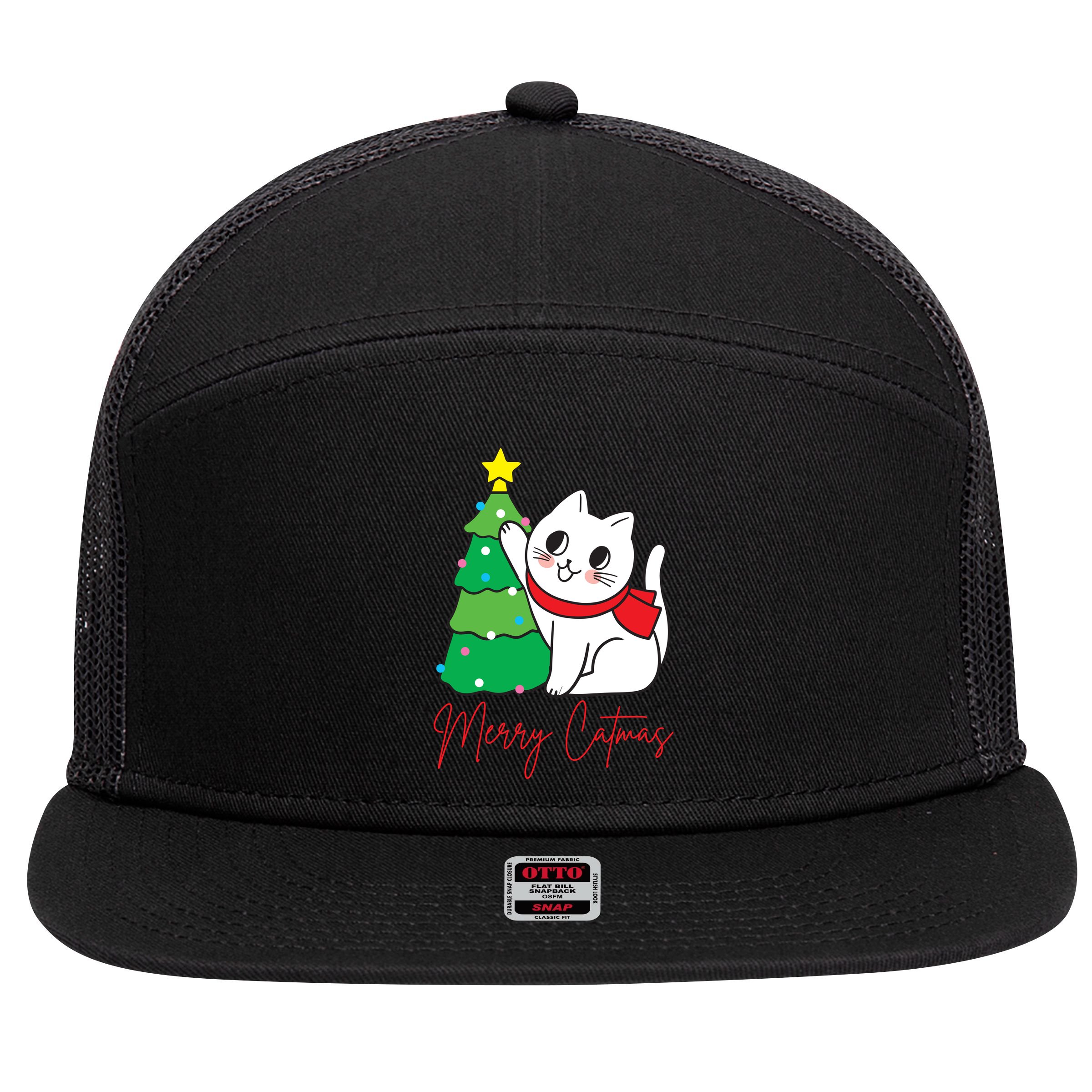 Merry Catmas Cute Christmas Cat Lover 7 Panel Mesh Trucker Snapback Hat