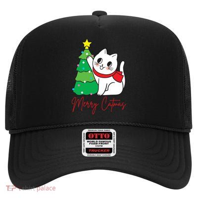 Merry Catmas Cute Christmas Cat Lover High Crown Mesh Back Trucker Hat