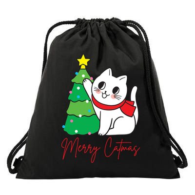 Merry Catmas Cute Christmas Cat Lover Drawstring Bag