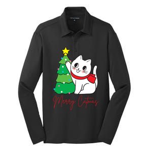 Merry Catmas Cute Christmas Cat Lover Silk Touch Performance Long Sleeve Polo