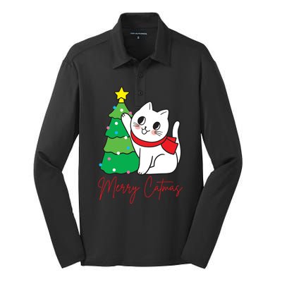 Merry Catmas Cute Christmas Cat Lover Silk Touch Performance Long Sleeve Polo