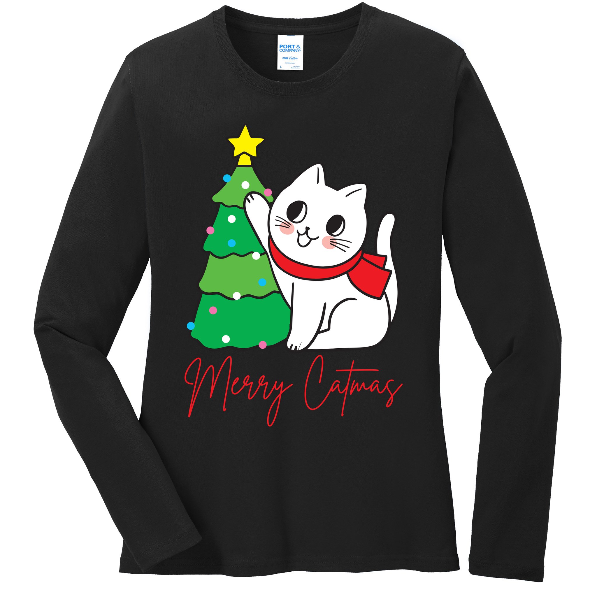 Merry Catmas Cute Christmas Cat Lover Ladies Long Sleeve Shirt