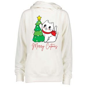 Merry Catmas Cute Christmas Cat Lover Womens Funnel Neck Pullover Hood