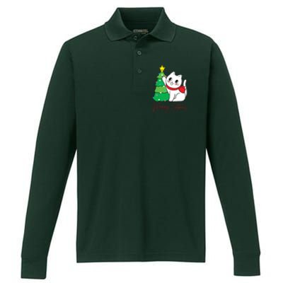 Merry Catmas Cute Christmas Cat Lover Performance Long Sleeve Polo