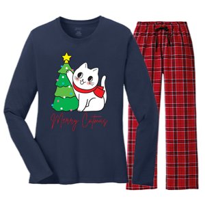 Merry Catmas Cute Christmas Cat Lover Women's Long Sleeve Flannel Pajama Set 