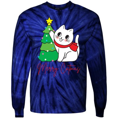 Merry Catmas Cute Christmas Cat Lover Tie-Dye Long Sleeve Shirt