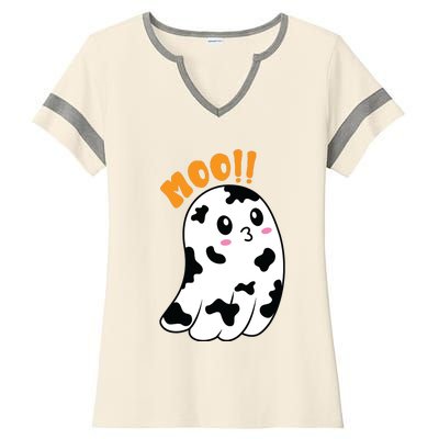 Moo! Cute Cow Boo Ghost Halloween Animal Ladies Halftime Notch Neck Tee