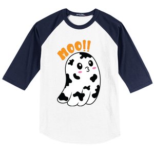 Moo! Cute Cow Boo Ghost Halloween Animal Baseball Sleeve Shirt