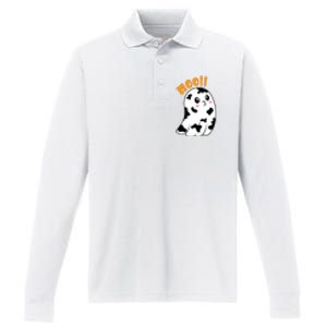 Moo! Cute Cow Boo Ghost Halloween Animal Performance Long Sleeve Polo