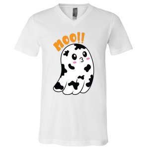 Moo! Cute Cow Boo Ghost Halloween Animal V-Neck T-Shirt