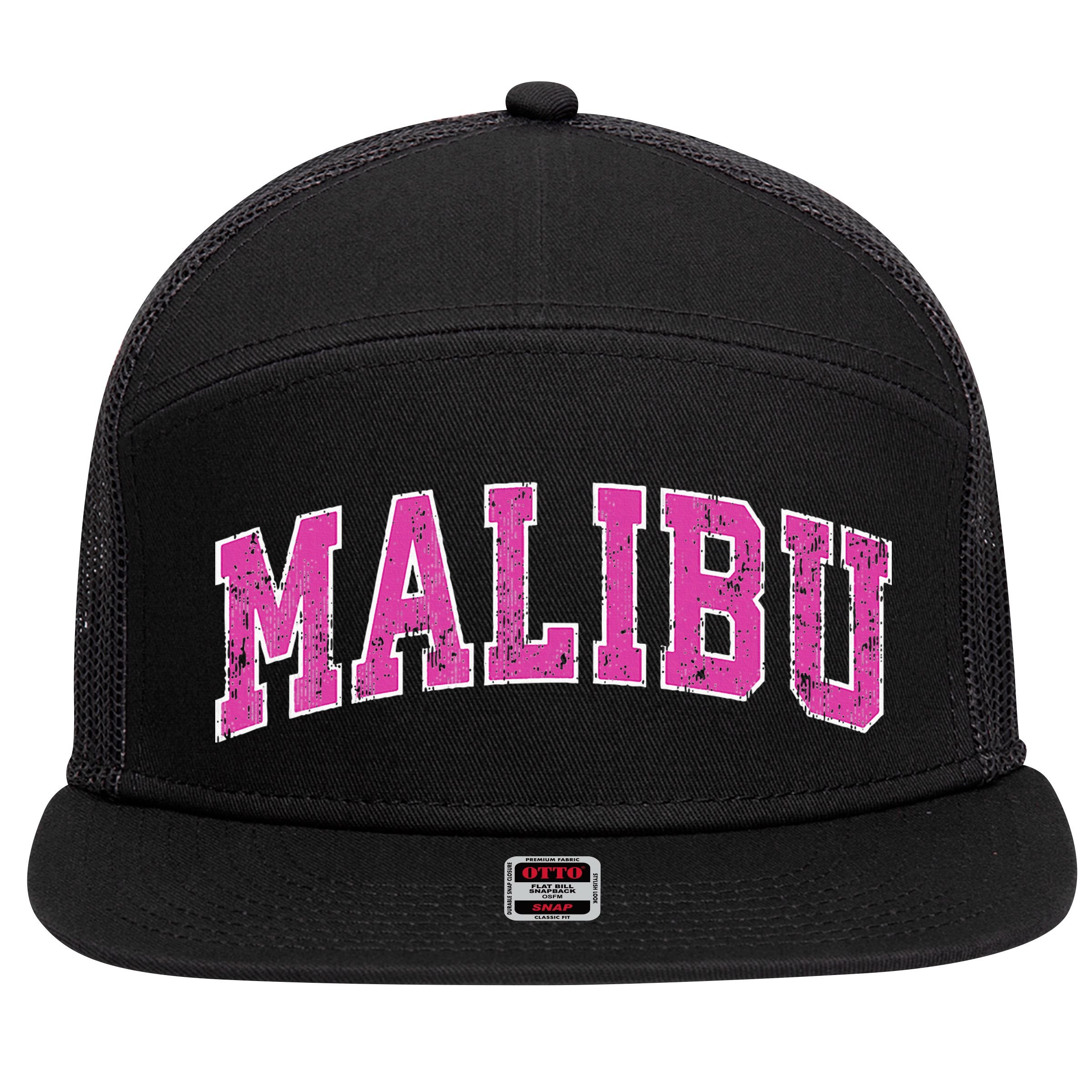 Malibu California Ca Vintage Sports Design Pink Design 7 Panel Mesh Trucker Snapback Hat