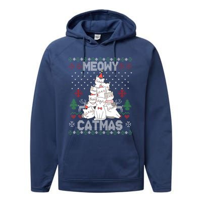 Meowy Catmas Cute Cats Christmas Tree Ugly Sweater For Lover Gift Performance Fleece Hoodie