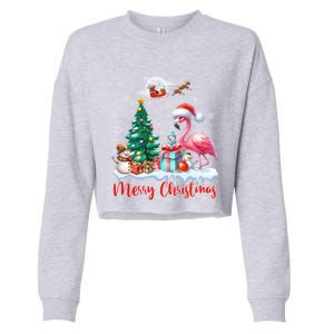 Merry Christmas Cute Flamingo Santa Hat Flamingo Lovers Xmas Swea Cropped Pullover Crew