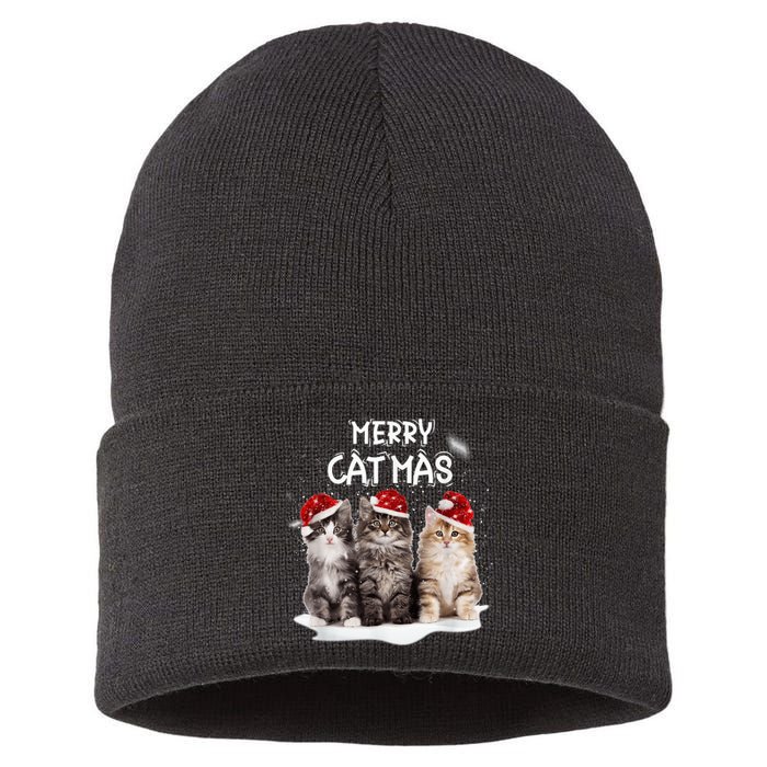 Merry Catmas Christmas Tree Santa Kitten Xmas Cute Cat Mom Sustainable Knit Beanie