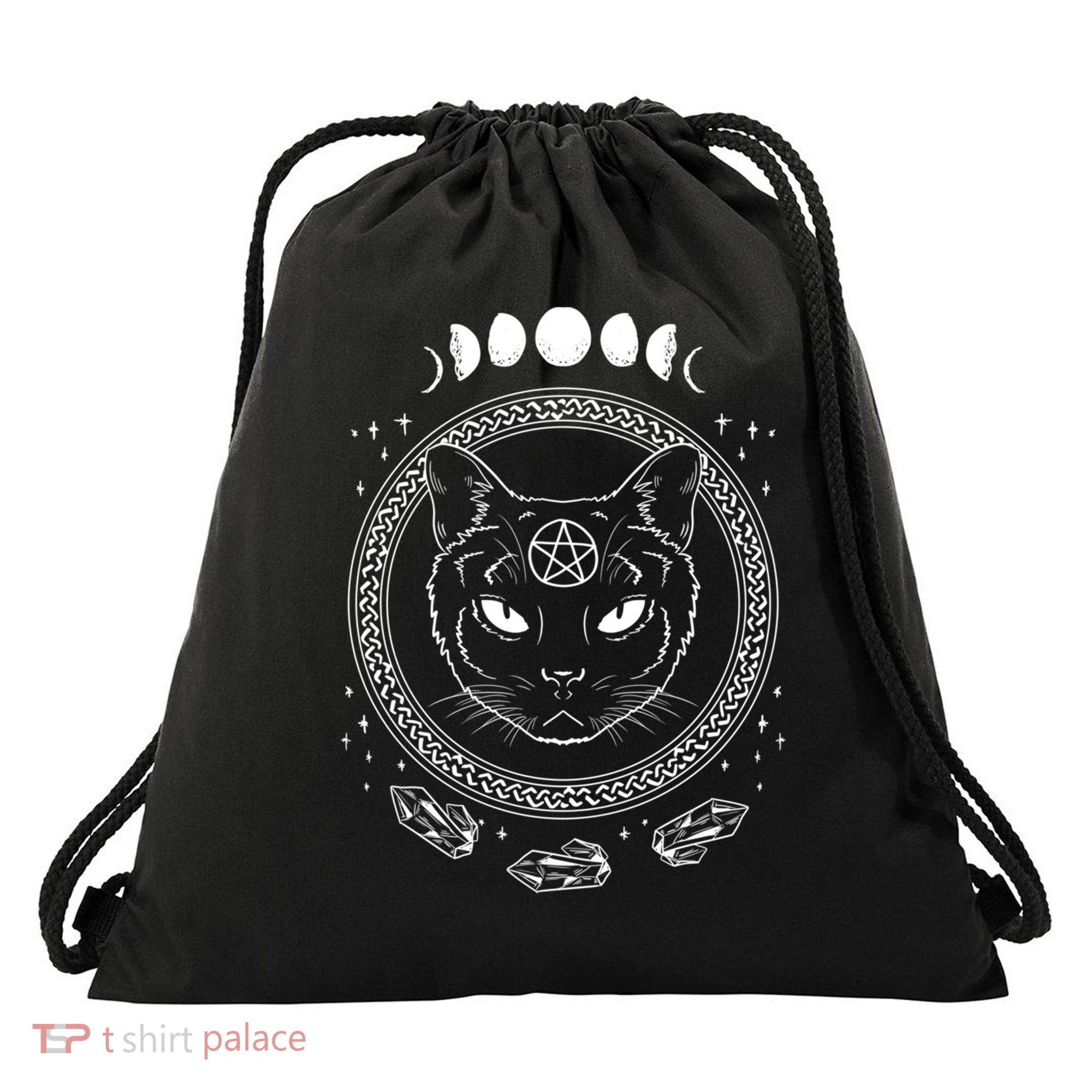 Moon Cat Crystal Retro Witch Dark Symbols Goth Lover Gift Meaningful Gift Drawstring Bag