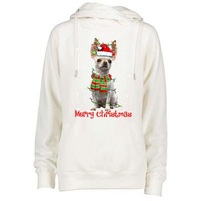 Merry Christmas Cute Chihuahua Dog Xmas Lights Pajama Gift Womens Funnel Neck Pullover Hood