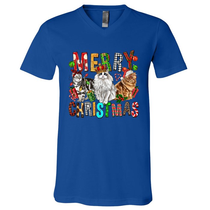 Merry Christmas Cat Santa Hat Pajamas Christmas Cat Lover Great Gift V-Neck T-Shirt