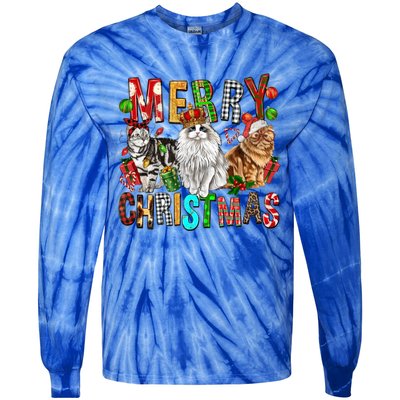 Merry Christmas Cat Santa Hat Pajamas Christmas Cat Lover Great Gift Tie-Dye Long Sleeve Shirt