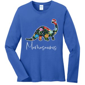 Mamasaurus Christmas Cute Floral Brontosaurus Dinosaur Mom Gift Ladies Long Sleeve Shirt