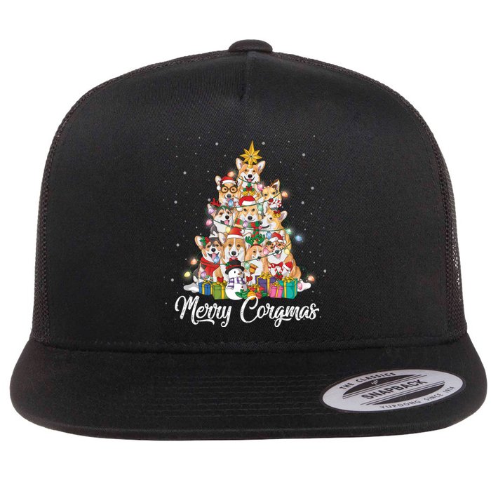 Merry Corgmas Corgi Christmas Tree Fairy Lights Dog Lover Funny Gift Flat Bill Trucker Hat