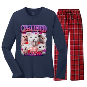 Meme Cat Certified Freak Eat Cement Cursed Cat Funny Women's Long Sleeve Flannel Pajama Set 