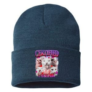 Meme Cat Certified Freak Eat Cement Cursed Cat Funny Sustainable Knit Beanie