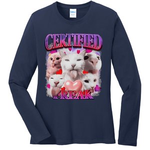 Meme Cat Certified Freak Eat Cement Cursed Cat Funny Ladies Long Sleeve Shirt